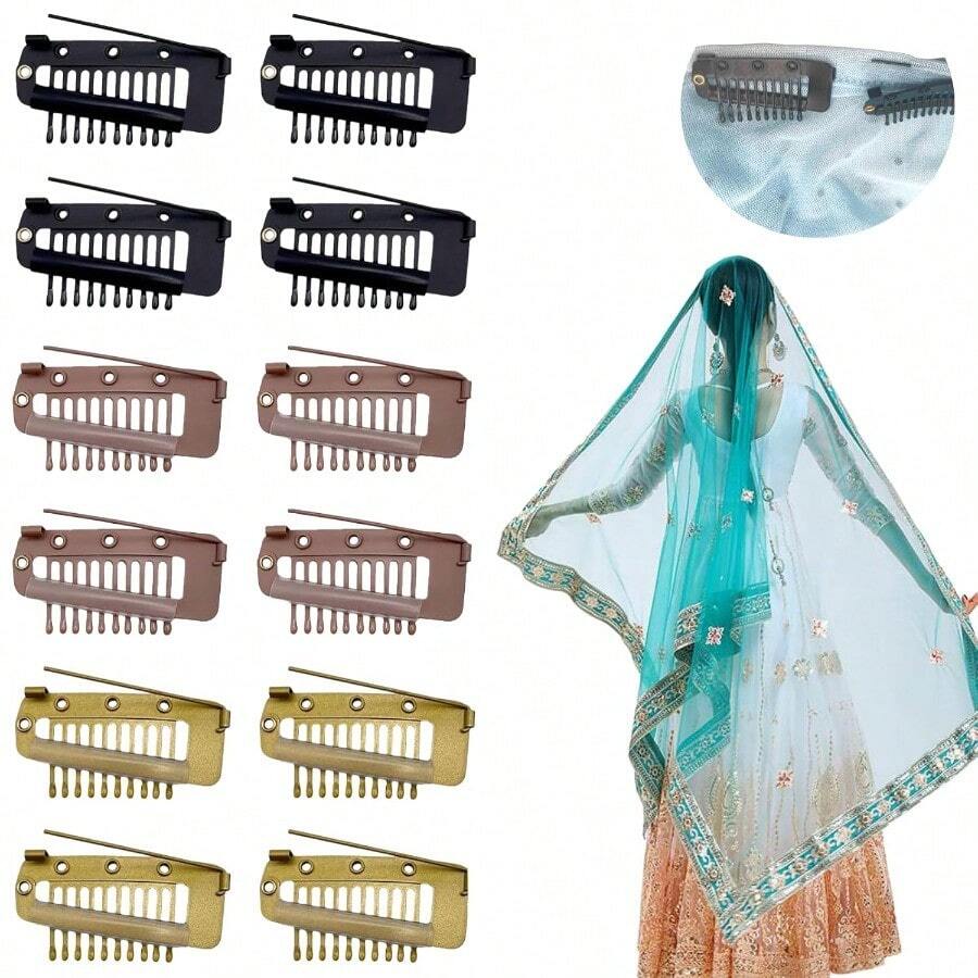 M12 Pcs Chunni Clips With Safty Pins Dupatta Hair Clip Easy To Use With Dupatta Hijab And Tikka Setting Multifunction10Teeth Snap Clips For Hair Extension Multiple Colour 5001 - 多色 - 查看 1