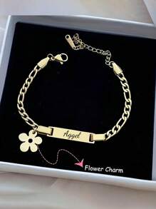 1pc Custom Engravable Girls Bracelet - 18K Gold Plated Plated Stainless Steel Cute Car & Flower Charms With Personalized Name Plate, Durable Everyday Jewelry Gift For Ages 3-17,Back To School Season