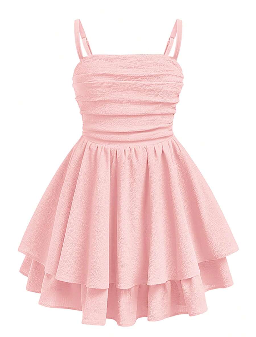 EXARUS Girls Flowy Ruffled Hem/Puff Bubble Dress Teen Ruched Summer Adjustable Spaghetti Strap Casual Cami Mini Dresses - Bột bẩn - Xem 1