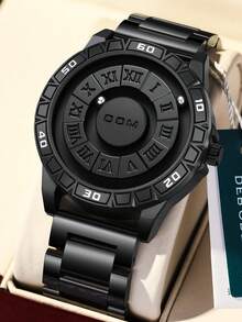1pc Men Magnetic Waterproof Watch, No Glass Dial, Personalized, Fashionable Roman Steel Belt Wrist Watch - Black - View 8