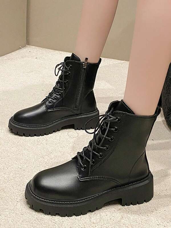 1 par de botas de tobillo planas y cortas de estilo motero minimalista y casual, adecuadas para exteriores, adolescentes, otoño/invierno