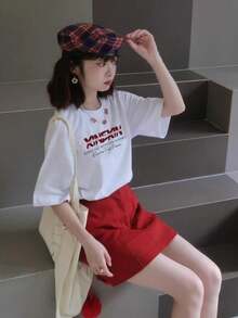 Vintage Letter Print Short Sleeve T-Shirt For Women, Stylish Fitted Tops - 白色 - 查看 2