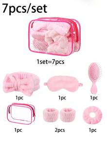 7/14/42pcs/Set Pink Spa Sleepover Party Favors,Included 6 Pink Spa Headband 6 Plush Sleep Eye Mask 6 Velvet Scrunchies 6 Wristband 6 Hair Brush 6 Clear Cosmetic Bags For Slumber Party Favor Gift, Wedding, Bachelorette, Bridal Shower Gifts - Pink - View 10