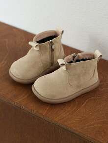 1 Pair Kids' Soft Sole Anti-Slip Warm Lined Simple Fashion Flat Round Toe Ankle Boots, Suitable For Outdoor Sports In Autumn/Winter - Màu Khaki - Xem 2