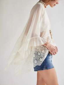 Women's Y2k Summer Sheer Poncho Tops Solid Color Batwing Sleeve Loose Fit T-Shirts Blouses Fairy Grunge Oversized V Neck Lace See Through Flowy Tops - 白色 - 查看 2
