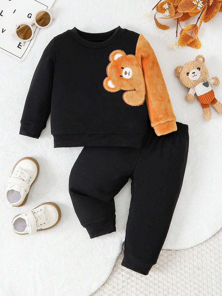 2 Stücke Kleinkind Jungen Bären Muster Langarm T-Shirt und Hose Set, bequem und hautfreundlich, Lässig Outfit, verstärkt für Herbst/Winter, Regular Fit, Rundhalsausschnitt, Tiermuster, Baby Kleidung, geeignet für Outdoor - Schwarz - Übersicht 1