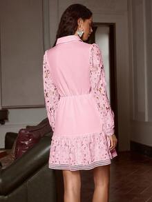 Simplee Women's Minimalist Solid Color Lace Patchwork Front Button Closure Dress, Spring/Summer Elegant Pink - Pink - View 8