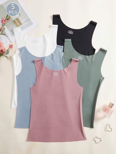 5 piezas Camisetas sin mangas de mujer para verano y primavera, con cuello redondo y tirantes anchos, diseño de ropa exterior de moda, camiseta interior y chaleco cómodos y casuales