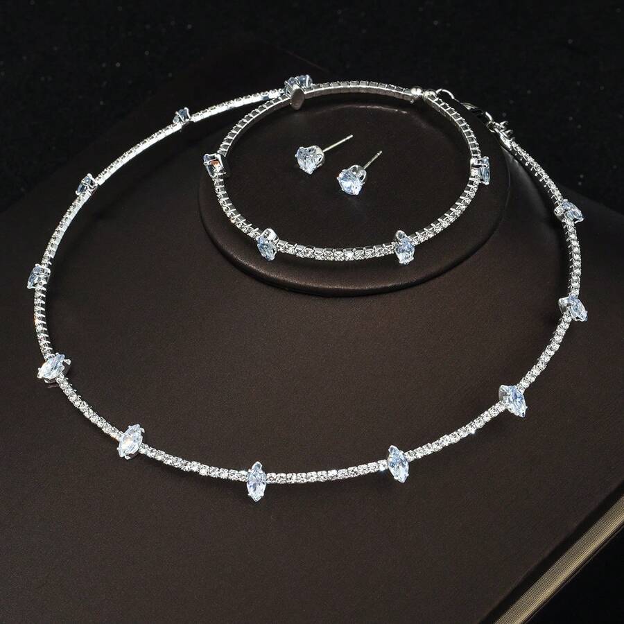 4 件水钻首饰套装：项链、耳环、手链 - XL-2140 銀色 - 查看 1