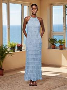 Women's Ruched Bodycon Long Dress Sleeveless Backless Solid Color Dress Cocktail Party Dress - Blue - View 2