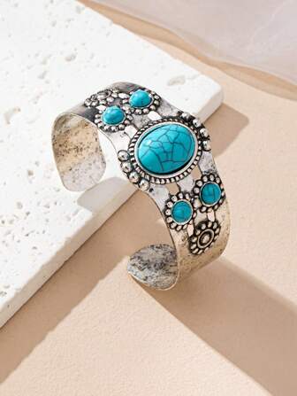 1 件复古绿松石 NT 银色几何宽面开口圆形时尚礼物金属吊坠