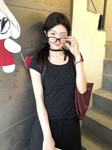 女式休闲系带领简约波尔卡圆点印花修身T恤