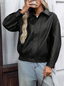 女士超大款仿皮夹克 时尚摩托车外套 休闲穿搭 Y2K 上衣 - 黑色 - 查看 6