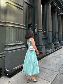 女士纯色拼接抽绳性感通勤优雅休闲度假春夏连衣裙 - 青碧色 - 查看 4