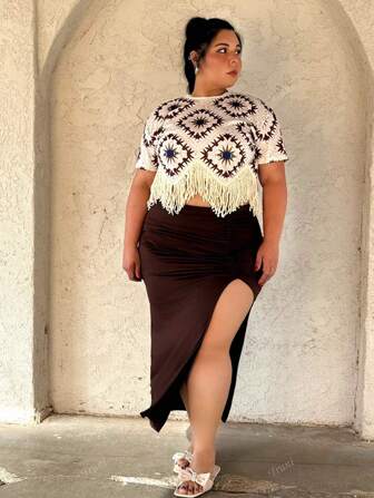 Truni Große Größen Lässig Geometrisch Muster T-Shirt mit Quasten Saum, Sommer Outfit für Frauen & Urlaubsoutfit Frau & Rave Outfit Festival mit Fransen Saum Konzert Outfit Frauen, Frauen Boho/Bohemien Sommer Tops, Neues Design Sommer Frauen Boho/Boheme