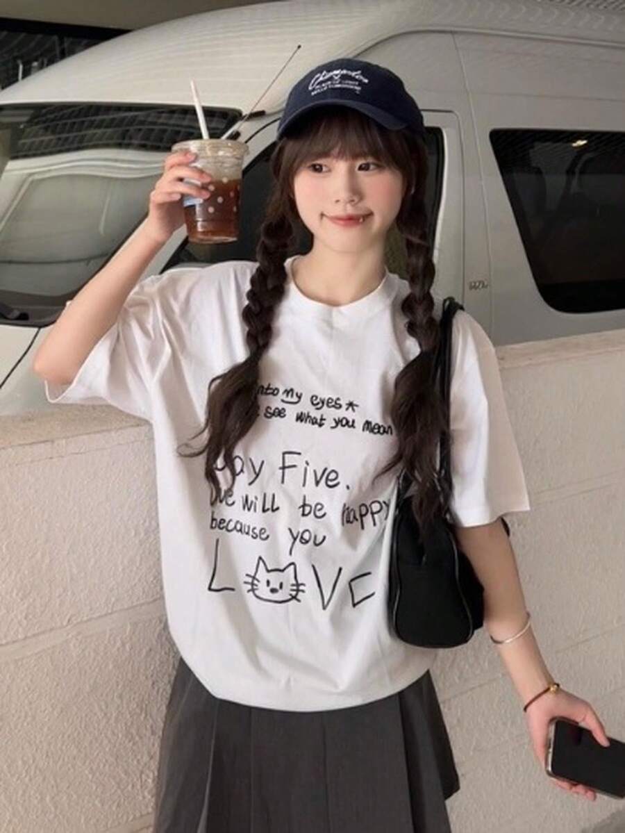 Vintage Letter Print Short Sleeve T-Shirt For Women, Stylish Fitted Tops - 白色 - 查看 1