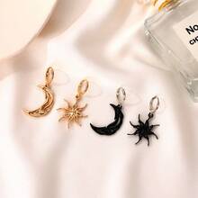 New Simple Sun And Moon Earrings - Unique Asymmetric Abstract Earrings Short Hollow Star And Moon Ear Clips - 黑色 - 查看 5