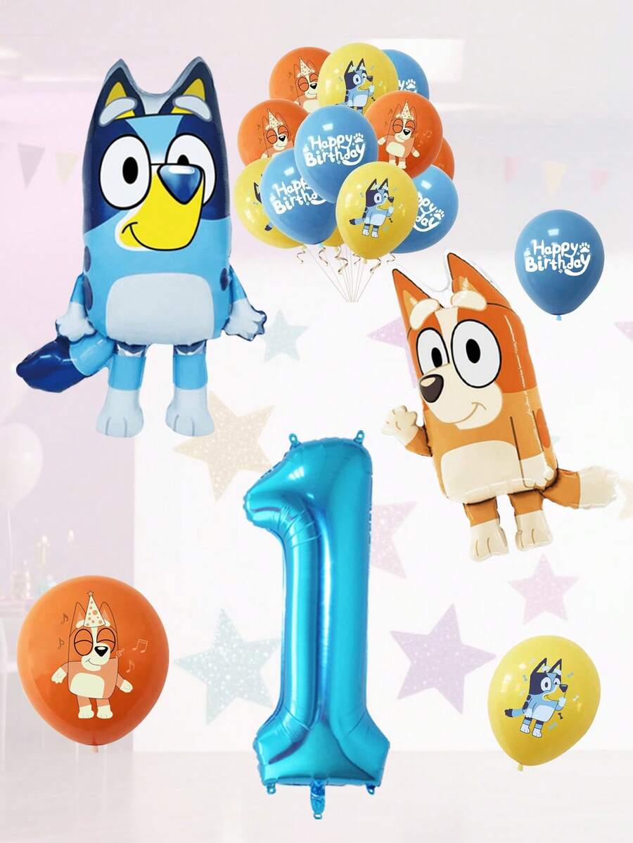 Bluey Birthday Party Decoration Cartoon Foil Balloons, Aluminum Foil Blue Cartoon Foil Balloons, Birthday Party, 1-9 Years Old Blue Number Latex Aluminum Film Balloon Decoration, Birthday, Wedding Party And Gathering Background Wall Decoration Halloween, Christmas - Multicolor - View 1
