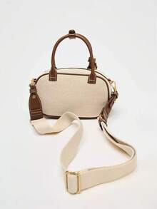 2025新款复古拼色手提包帆布PU小方形单肩包 - 杏色 - 查看 4