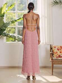 Women's Ruched Bodycon Long Dress Sleeveless Backless Solid Color Dress Cocktail Party Dress - Pink - View 9