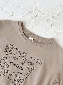 INS 婴儿男女童休闲恐龙刺绣棕色长袖连体衣，春秋季