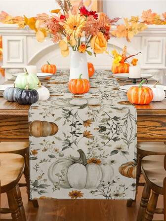 1 st/10 st. pumpa-bordslöpare med höstmotiv, bordslöpare med Thanksgiving, skördefestdekor, lantlig stil, linneliknande material, 33*91 cm/33*183 cm/33*274 cm, festdekoration inomhus/utomhus, pumpatemadekor, köks- och matsaldekoration för hemmet