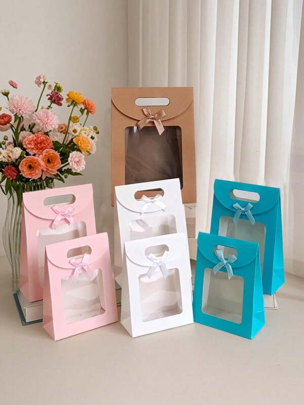 6/10pcs White Paper Bags With Clear Window, Upright Gift Bags Bulk With Handle, Paper Gift Bags, White Shopping Bags, Bowknot Gift Wrap Bags, For Wedding, Bridal Shower, Birthday, Holiday, Christmas Party Gift Bags, Retail Store, Brown