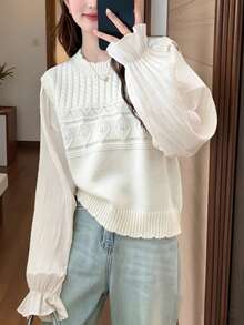 Women's Autumn/Winter Soft Knit Patchwork Cable Design Pullover Sweater - Beige - View 3