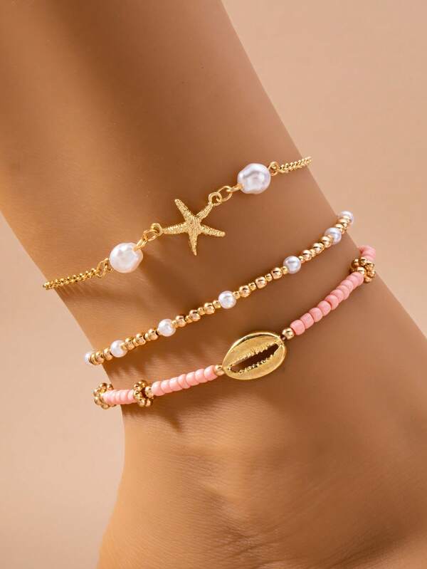 3pcs/Set Simple Gold-Tone Circular Pendant Tassel Beaded Anklet For Suitable For Daily Wear And Vacation