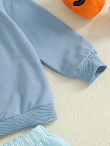 Kids Boys Halloween Outfits Pumpkin Smiling Face Print Sweatshirts And Long Pants 2Pcs Clothes Set - 藍色 - 查看 4