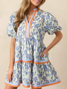 Women Y2K Babydoll Mini Dresses V Neck Puff Sleeve Short Dress Beach Sundress - Màu xanh nhạt - Xem 2