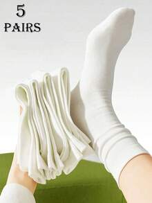 5 Pairs Women's Thin Breathable Crew Socks, White Seamless Stockings For Lounge Wear