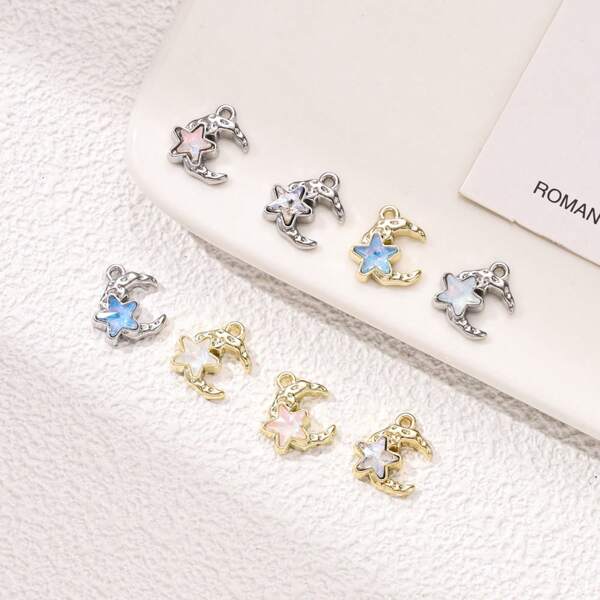 5pcs Gold And Silver Rhinestone Moon Star Pendants, DIY Accessories, Suitable For Making Bracelets, Necklaces, Earrings, Keychains