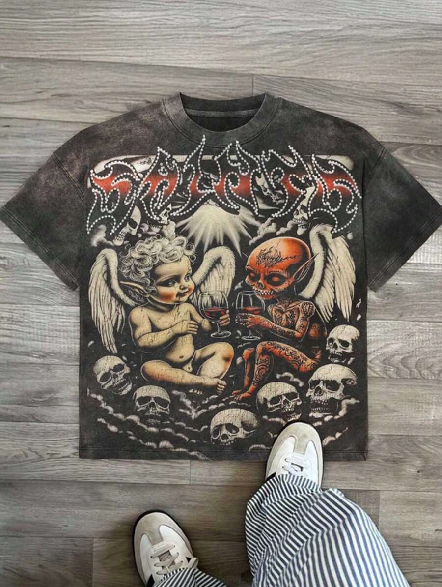 Kuku Boy Multiple Skulls Printed (180g Pure Cotton T-Shirt) Cotton T-Shirt - Soft And Breathable, 100% Pure Cotton Fabric - Comfortable And Energetic Summer Street Style Short Sleeved T-Shirt, Cool Design Retro Summer Men's Daily Wear T-Shirt - 黑色 - 查看 1