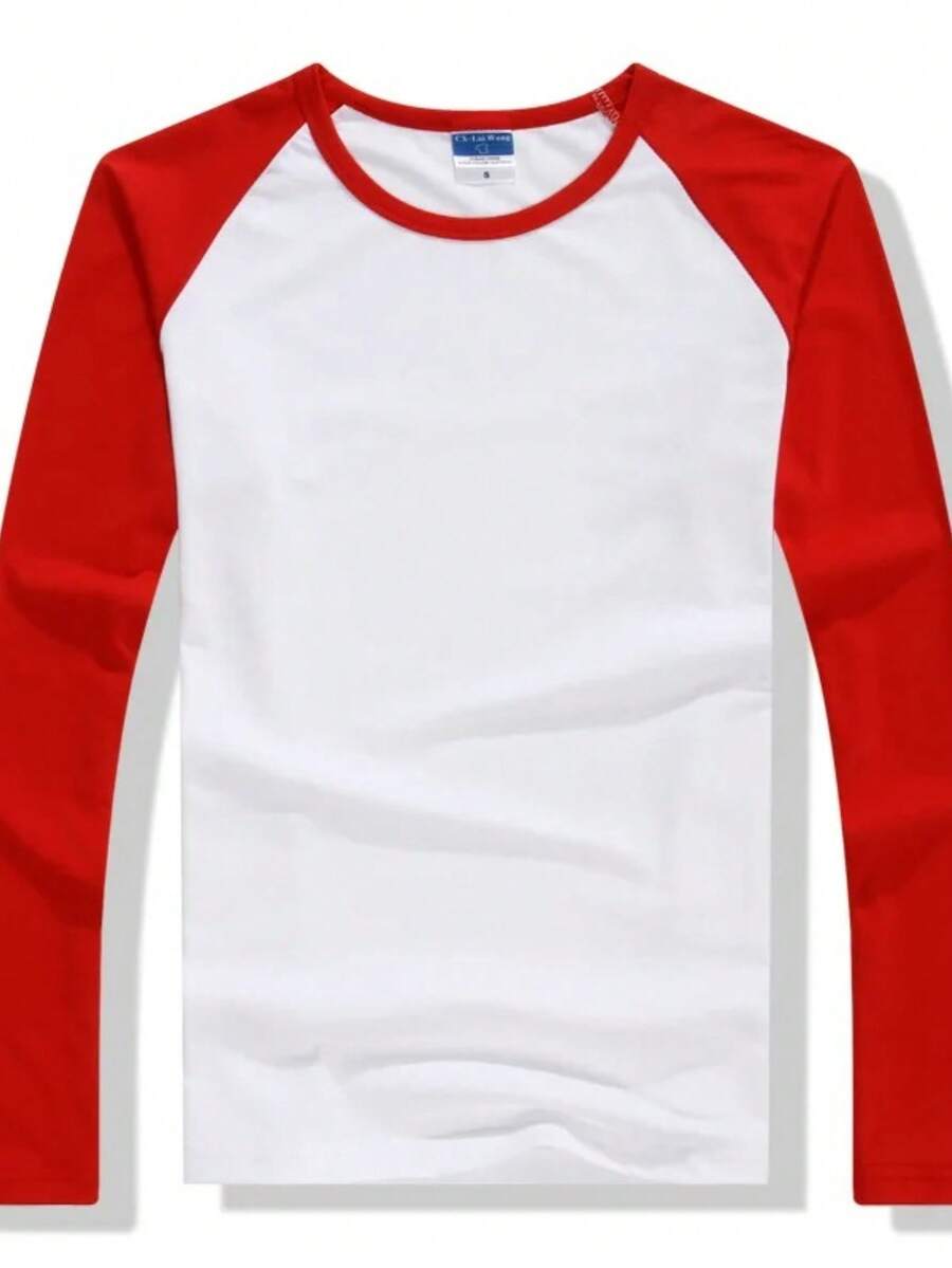 Raglan Long Sleeve T-Shirt 100% Cotton From S To Plus Size G3 - 白色/紅色 - 查看 1