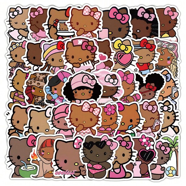 Sanrio 56PCS Cute Black Skin Hello Kitty Stickers Kawaii Creative Sanrio Cartoon DIY Decorative Decals Phone Laptop Diary Guitar Stationery Waterproof Stickers