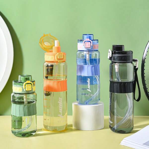 1 pièce Bouteille d'eau portable épaisse grande capacité 1L/33,82oz, Tasse à eau pour sports de plein air, Antichoc, Anti-fuite, Anti-brûlure, Bouton-poussoir, Avec échelle et sangle, Convient pour les voyages, la maison, le bureau, l'école, les anniversaires, les cadeaux de vacances