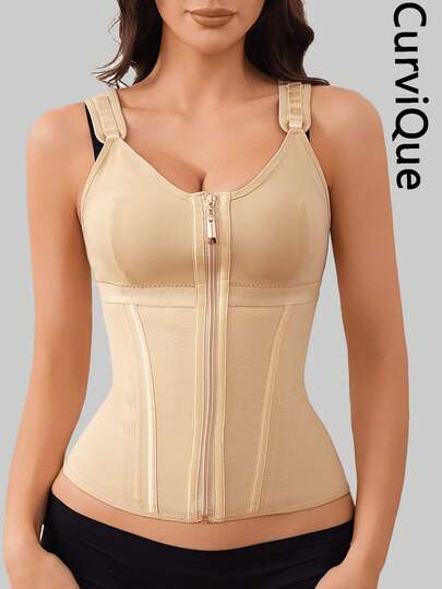 1 pieza Corsé entrenador de cintura CurviQue para mujeres, chaleco moldeador corporal de control de abdomen para deporte y entrenamiento, para uso posparto en el gimnasio, con cremallera y ganchos, con tirantes ajustables, con sujetador
