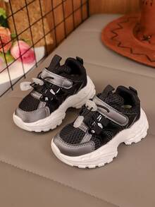 1 双黑色网眼拼布幼儿鞋，可调节钩环扣，圆头，防滑平底，舒适可爱，适合婴幼儿男孩/女孩，休闲装，秋冬季 - 查看 2