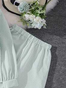 Left Mama 2pcs/Set Tween Girl New Autumn Collared Long Sleeve Shirt And Pants - Mint Green - View 5