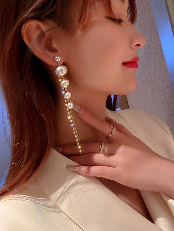1 Pair Vintage French Style Faux Pearl Rhinestone Tassel Long Earrings, Elegant Dangle Earrings For Women, Party & Gift