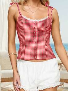 Women Plaid Camisole Slim Lace Trim Scoop Neck Tie-Up Spaghetti Strap Crop Shirts  Summer Streetwear - 紅色 - 查看 5