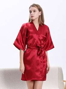 1 szt. Damski, modny, sztuczny jedwabny szlafrok kimono z dekoltem w serek i wiązaniem w talii, krótki rękaw, piżama