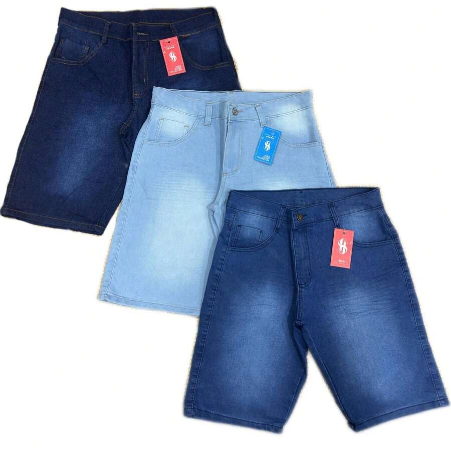 Kit 3 Men's Bermuda Jeans Light Medium Dark Medium Dark Light Premium Various Washes With Elastane - Rửa trung bình - Xem 1