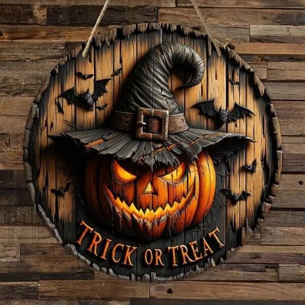 Halloween Decorative Round Sign Plaque, Witch, Pumpkin, Skull Design