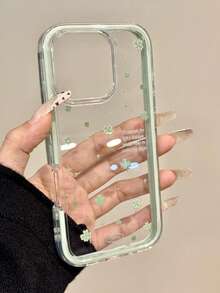 1pc Transparent Four-Leaf Clover Pattern TPU Shockproof Phone Case, Suitable For IPhone 16 Pro Max/15/14/13/12/11 - Green - View 1