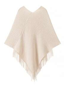 1pc Women Solid Color Button Tassel Knitted Poncho Shawl, Fashionable Casual Warm Wear For Vacation And Daily Use