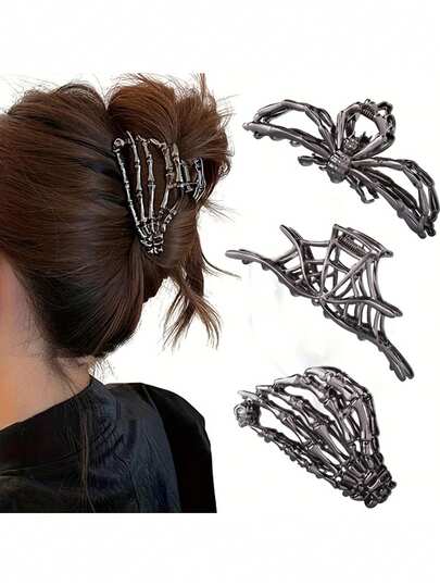 3pcs Unique Creative Halloween Metal Spider Skeleton Claw Hair Clips Set, Niche Design Women Occipital Hair Clips, Hair Claw, High-End Elegant, Suitable For Mother's Day, Back To School Season, Thanksgiving, Christmas, Halloween, Valentine's Day, Carnival Festivals Gift Fall Hair Accessories Autumn Claw Clips Fashion Hair Clutch Clips For Hair Winter For Vacation Outfits Woman