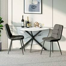 Dining Table And Chairs Set Of 2, White Folding Round Dining Table With 2 Black Linen Fabric Chairs For Dining Room, Kitchen, Living Room - White Marble Table + 2 Black Linen Chairs - View 11