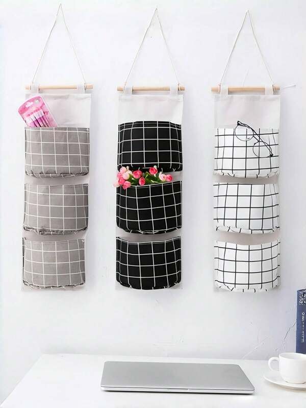 1pc Thick Wall-Mounted Hanging Storage Bag, Simple Grid-Style Hanging Bag With Multi-Pocket Design, Durable Foldable Bedside Organizer, Suitable For Home, Dorm And Decoration, Space-Saving Design Storage Bag, Behind The Door Storage Bag, Suitable For Halloween Gift